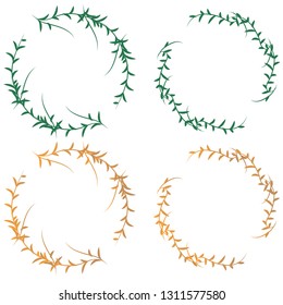 Set of doodle floral, line and leaf circle frames, Hand drawn floral wreath isolated on white background, leaves round border with green and gold color