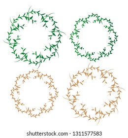 Set of doodle floral, line and leaf circle frames, Hand drawn floral wreath isolated on white background, leaves round border with green and gold color