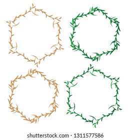 Set of doodle floral, line and leaf hexagonal frames, Hand drawn floral wreath isolated on white background, leaves round border with green and gold color