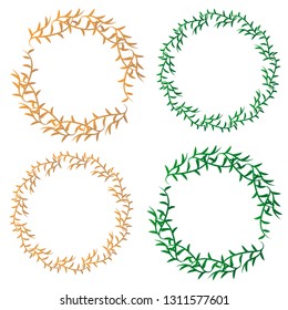 Set of doodle floral, line and leaf circle frames, Hand drawn floral wreath isolated on white background, leaves round border with green and gold color