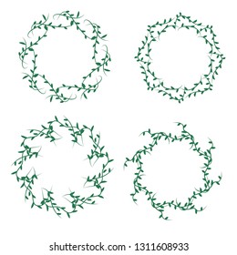 Set of doodle floral, line and leaf circle frames green, greenery round border, Round floral frames, Botanical garlands set, leaves background for wedding greeting card and invitation