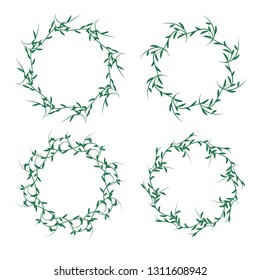 Set of doodle floral, line and leaf circle frames green, greenery round border, Round floral frames, Botanical garlands set, leaves background for wedding greeting card and invitation