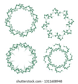 Set of doodle floral, line and leaf circle frames green, greenery round border, Round floral frames, Botanical garlands set, leaves background for wedding greeting card and invitation