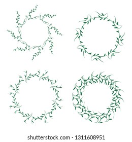 Set of doodle floral, line and leaf circle frames green, greenery round border, Round floral frames, Botanical garlands set, leaves background for wedding greeting card and invitation