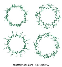 Set of doodle floral, line and leaf circle frames green, greenery round border, Round floral frames, Botanical garlands set, leaves background for wedding greeting card and invitation