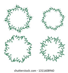Set of doodle floral, line and leaf circle frames green, greenery round border, Round floral frames, Botanical garlands set, leaves background for wedding greeting card and invitation