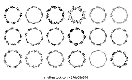 Set of doodle floral, line and leaf circle frames  , isolated on white  background,  Vector Illustration EPS 10