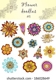 Set of doodle flowers #1.  Ornamental  hand drawn Flowers.
