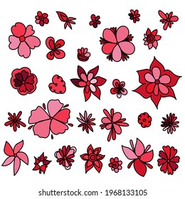 Conjunto de flores de doodle para el diseño, plantas de floración en tonos rojos ilustración vectorial