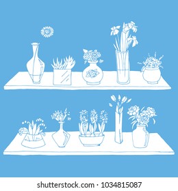 set of Doodle flowers in different phases. Painted in white on a blue background.