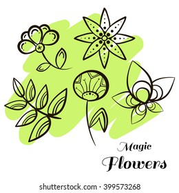 Set of doodle flowers on bright background. Vector illustration.