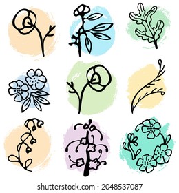 Un conjunto de flores de doodle en puntos multicolores. Vector. Para diseño digital y tipográfico, tela y papel. Diseño de Scrapbooking, papel de pared, tarjetas de felicitación, embalaje, accesorios. Pascua.