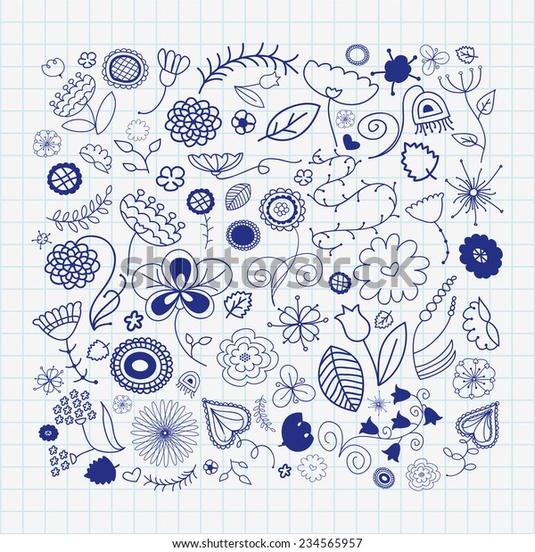 Set Doodle Flowers Plants Decoration Design Stock Vector Royalty