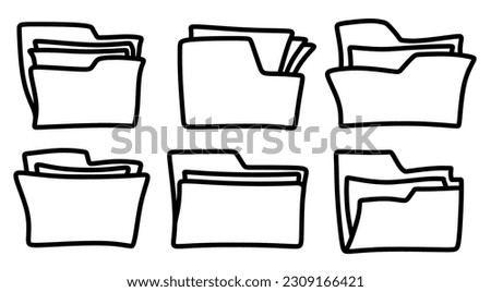 set of Doodle folder icon hand drawn with thin black line. 