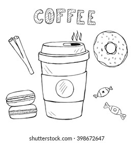 Set of doodle food and drink icons, vector hand drawn coffee, macaron, sweetmeats, cinnamon with text