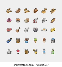 Set of doodle food and drinks icons.