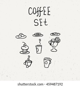Set of doodle food icons. Cafe and anticafe. Cupcake, profitroles, cups, cappuccino, cookies, mulled wine.