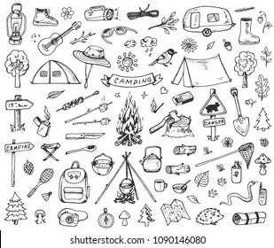 Set of doodle forest camping design elements. Hand drawn vector illustrations isolated on a white background.