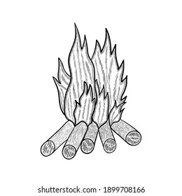 Set of doodle forest camping design elements. Hand drawn vector illustration, isolated on white background. Set of tourism equipment, engraved  in sketch.