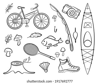 Set of doodle forest camping design elements. Hand drawn hiking and camping doodles. Sport and fishing equipment, perfect for summer camp flyers and posters