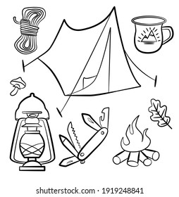 Set of doodle forest camping design elements. Hand drawn hiking and camping doodles perfect for summer camp flyers and posters