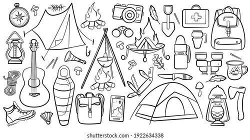 Set of doodle forest camping design elements. Hand drawn hiking and camping doodles perfect for summer camp flyers and posters