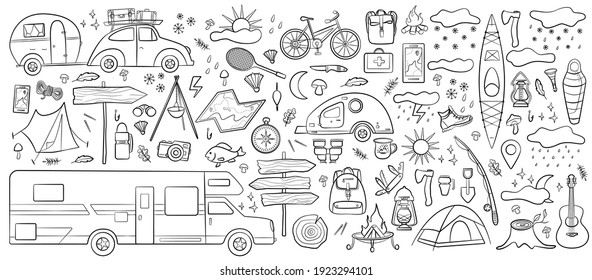 Set of doodle forest camping design elements. Hand drawn hiking and camping doodles perfect for summer camp flyers and posters
