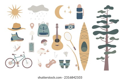 Set of doodle forest camping design elements. Hand drawn hiking and camping doodles perfect for summer camp flyers and posters