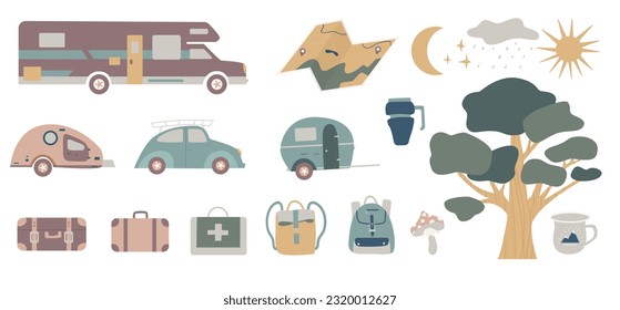 Set of doodle forest camping design elements. Hand drawn hiking and camping doodles perfect for summer camp flyers and posters.