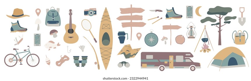 Set of doodle forest camping design elements. Hand drawn hiking and camping doodles perfect for summer camp flyers and posters.