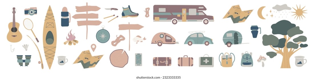 Set of doodle forest camping design elements. Hand drawn hiking and camping doodles perfect for summer camp flyers and posters.