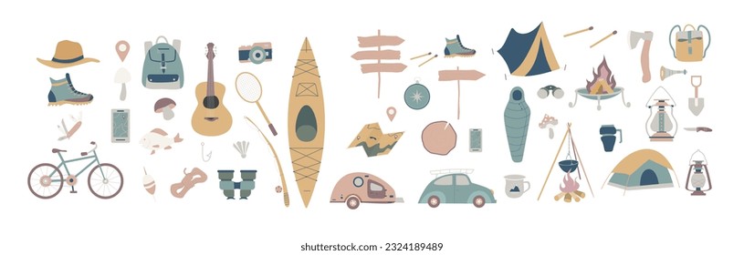 Set of doodle forest camping design elements. Hand drawn hiking and camping doodles perfect for summer camp flyers and posters.