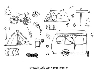 Conjunto de elementos de diseño de acampada forestal de doodle.Elementos de dibujo manual de camping y turismo aislados en fondo blanco. Un bonito fondo lleno de íconos, perfecto para volantes, afiches, campamentos de verano