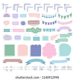 Set of doodle frames, corners, dividers, ribbons, weekdays and design elements