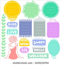 Set of doodle frames and elements for bullet journal, notebook, diary and planner isolated on white background. Hand drawn vector illustration with space for your text.