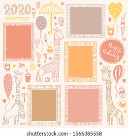 Set of doodle frames, giraffes with knitted warm winter sweaters, balloons, and sweets isolated on white background for decorating bullet journal, notebook, diary, and planner.