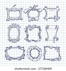 Set of doodle frames on a seamless square background. Vector illustration.