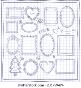 Set of doodle frames on a squared paper 