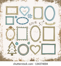 Set of doodle frames and other elements on a vintage grunge background