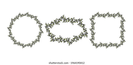 Set with doodle frames, wreaths of branches with leaves. Round, square and oval frames with twigs. Vector framework with branches. Blank templates for invitation cards, greeting.