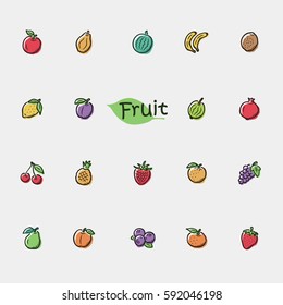 Set of doodle fruit icons isolated on light grey background.