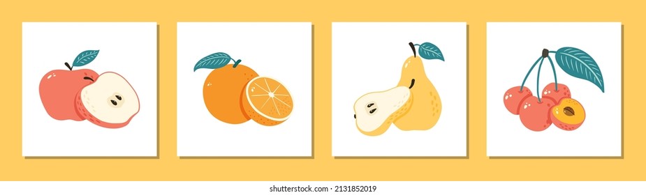 Conjunto de pinturas de frutas de Doodle. Ilustraciones de Hand Drawn Sweet Harvest para afiches, banner, fondo, etiqueta de mercado, logotipo, postal, pegatina, menú, diseño y decoración de paquetes de comida
