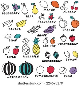 Set of doodle fruits - for scrapbook or design. hand-drawn vector illustration. 
