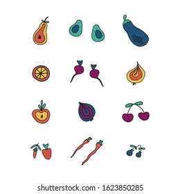 set of doodle fruits and vegetables vector illustration minimalism style isolated on white background.