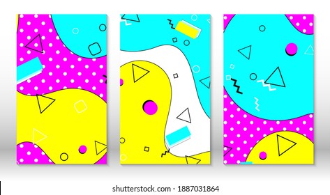 Set of doodle fun patterns. Abstract color doodle shapes. Hipster style 80s-90s. Memphis elements. Geometric shapes. Fluid pink, blue, yellow colors.