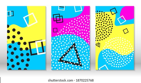 Set of doodle fun patterns. Hipster style 80s-90s. Memphis elements. Fluid pink, blue, yellow colors.