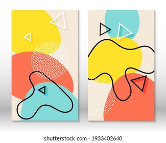 Set of doodle fun patterns. Hipster style 80s-90s. Memphis elements. Fluid coral, blue, yellow colors. 90s background. Memphis pattern.