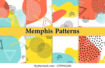 Set of Doodle Fun Patterns. Summer Doodle Background. 90s Memphis Pattern. Vector Illustration. Hipster Style 80s-90s. Abstract Colorful Funky Background.