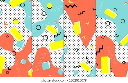 Set of Doodle Fun Patterns. Summer Doodle Background. 90s Memphis Pattern. Vector Illustration. Hipster Style 80s-90s. Abstract Colorful Funky Background.