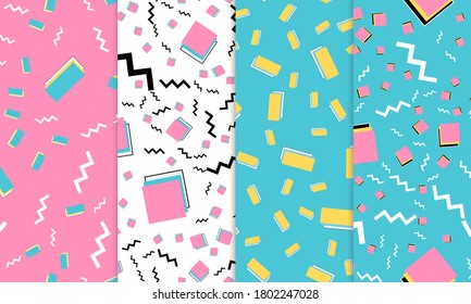 Set of Doodle Fun Seamless Patterns. Summer Doodle Background. Seamless 90s. Memphis Pattern. Vector Illustration. Hipster Style 80s-90s. Abstract Colorful Funky Background.
